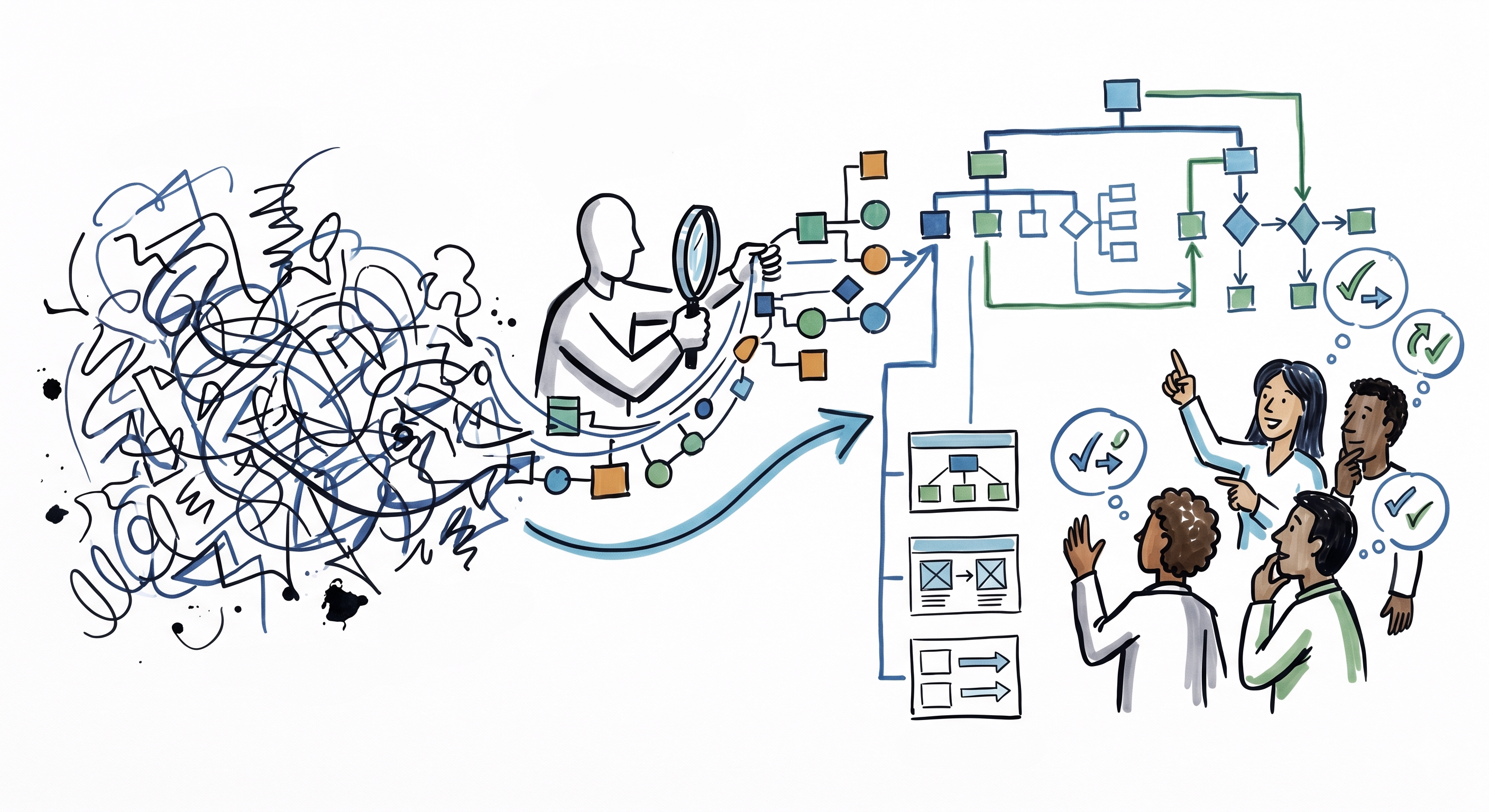Illustration of complexity being transformed into shared taxonomy and navigation decision material